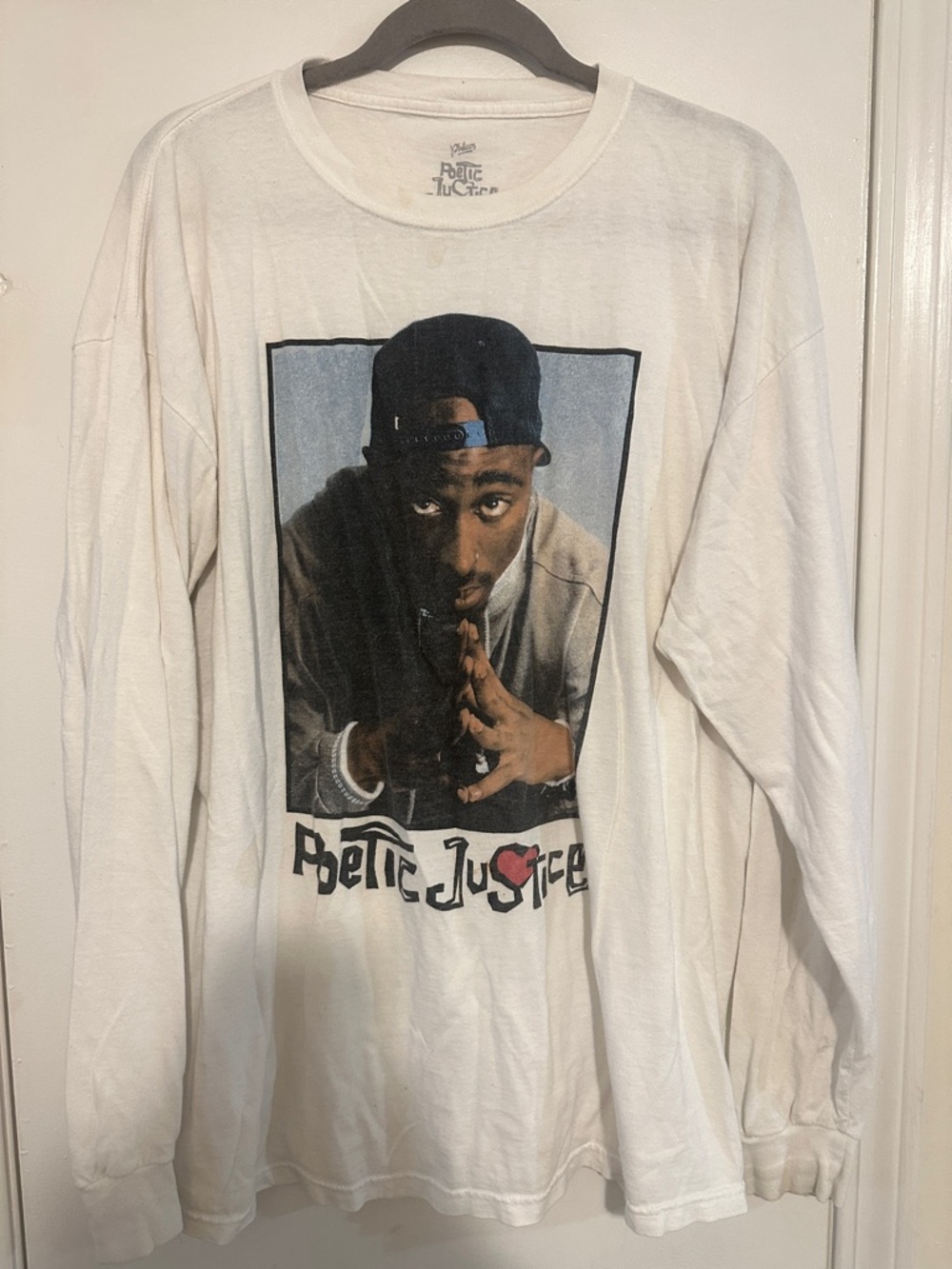 Poetic Justice Graphic Long Sleeve Tee - White with Blue/Black Print